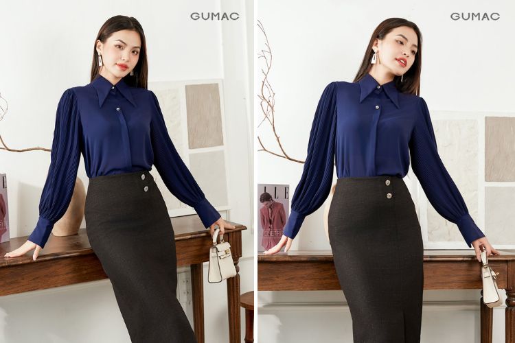 áo sơ mi nữ tay dài kiểu nhấn tay phồng
